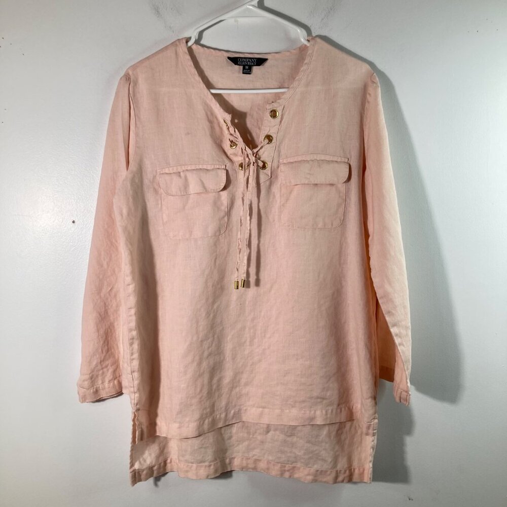 Womens Company Ellen Tracy Linen Tunic Tie Neck HI Lo Hem Peach M Linen